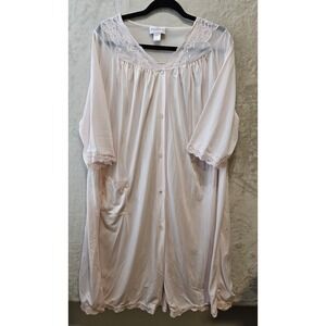 Shadowline Pink Nylon Nightgown 2X Plus Lace Trim Button Front Vintage Sleepwear